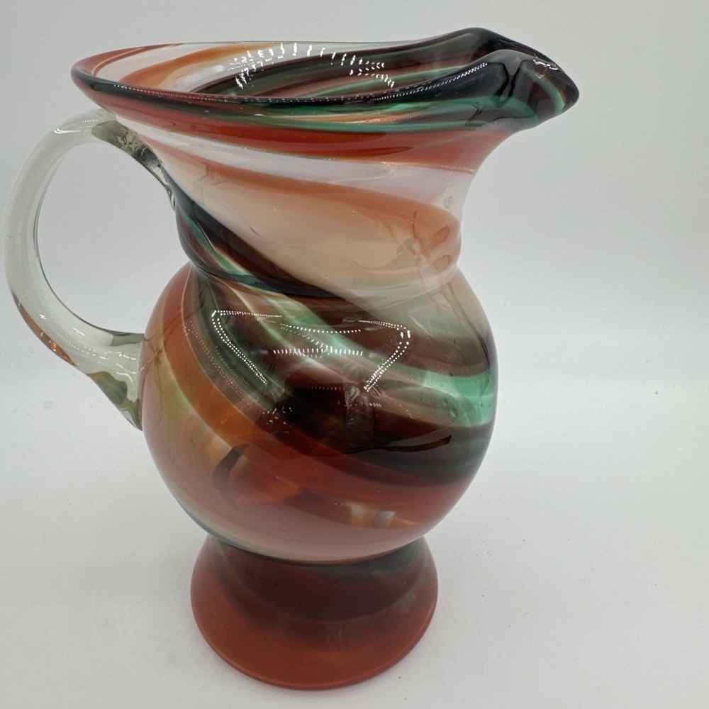 Pitcher Hand-Blown Art Glass Multicolor Swirl Murano Style‎ 8" Tall Stunning